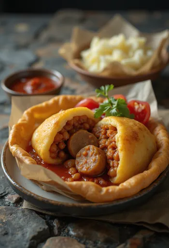 Acarajé makkaralla, mausteinen papu ja tuore persiljakoriste