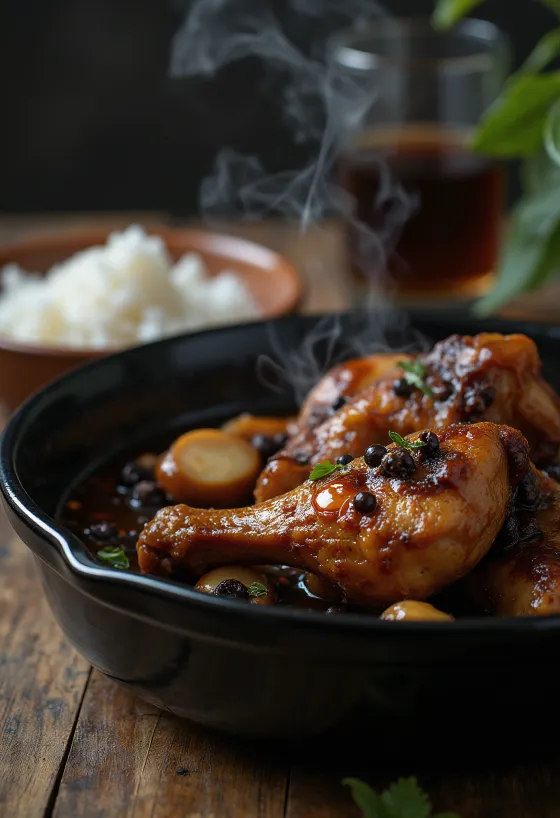 Kana-adobo, soijakastikkeessa kypsennetty, riisin kera tarjoiltuna