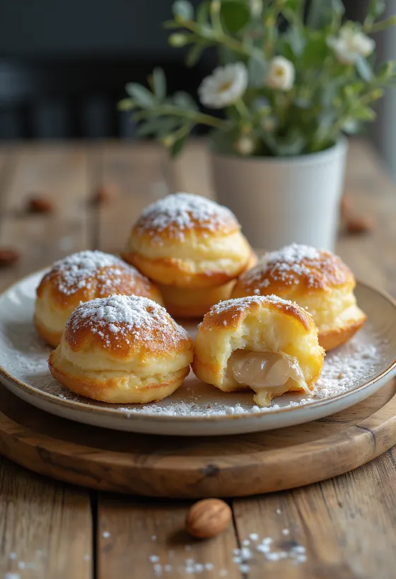 Æbleskiver mantelitäytteellä, tomusokerilla ripoteltuna, kulhossa tarjoiltuna