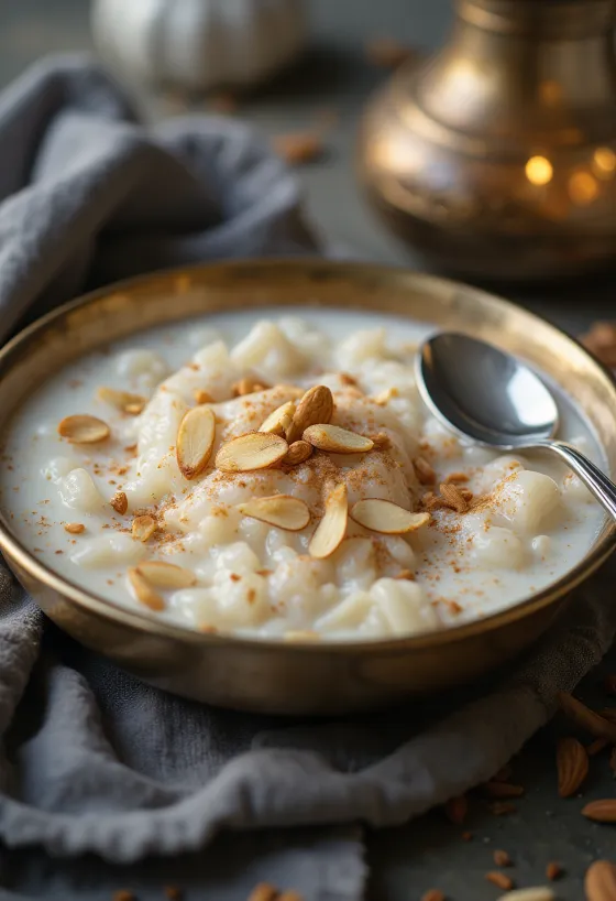 Almond Kheer manteleilla, ruusuvedellä ja kuivatuilla hedelmillä koristeltuna