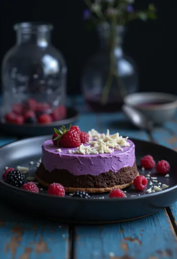 Hedelmäinen suklaamoussekakku viipaleina tarjoiltuna