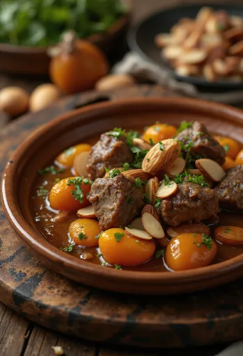 Karitsa-tagine aprikooseilla tarjoiltuna kuskusin kera