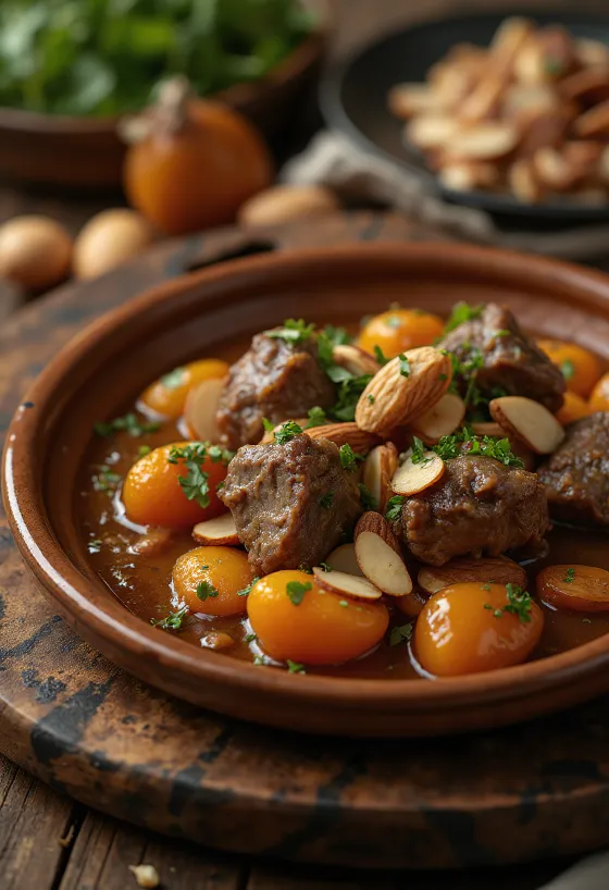 Karitsa-tagine aprikooseilla tarjoiltuna kuskusin kera