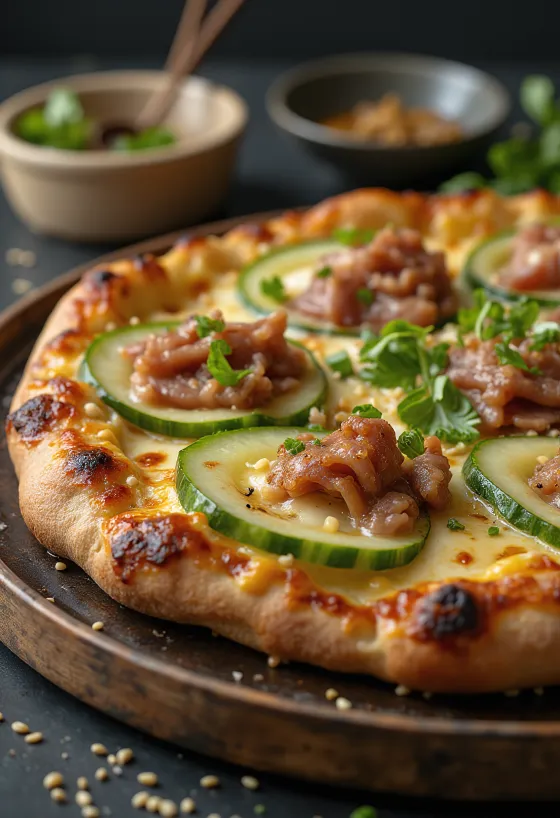 Peking Duck -pizza kiinalaisella pekingin ankalla ja hoisin-kastikkeella
