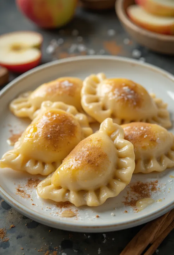 Pierogi omenalla, tarjoiltuna makealla omenatäytteellä