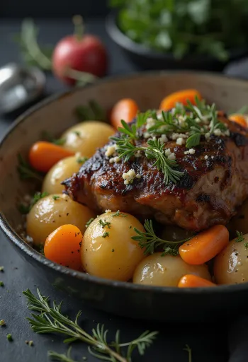 Paahdettua murmelinlihaa tarjoiltuna juuresten kera vadilla.