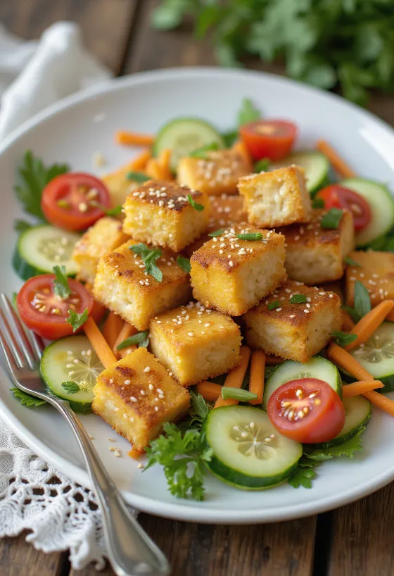 Paistettu tofu vihersalaatilla tarjoiltuna