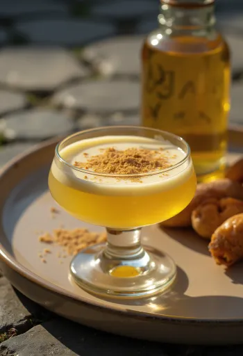 Kotitekoista munalikööriä pullossa, päällä raastettua muskottipähkinää.