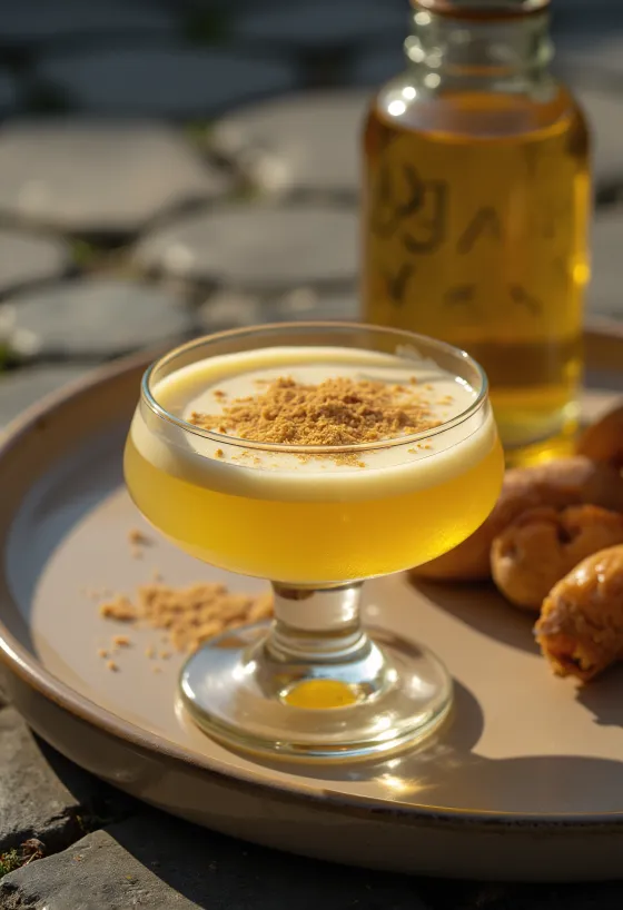 Kotitekoista munalikööriä pullossa, päällä raastettua muskottipähkinää.