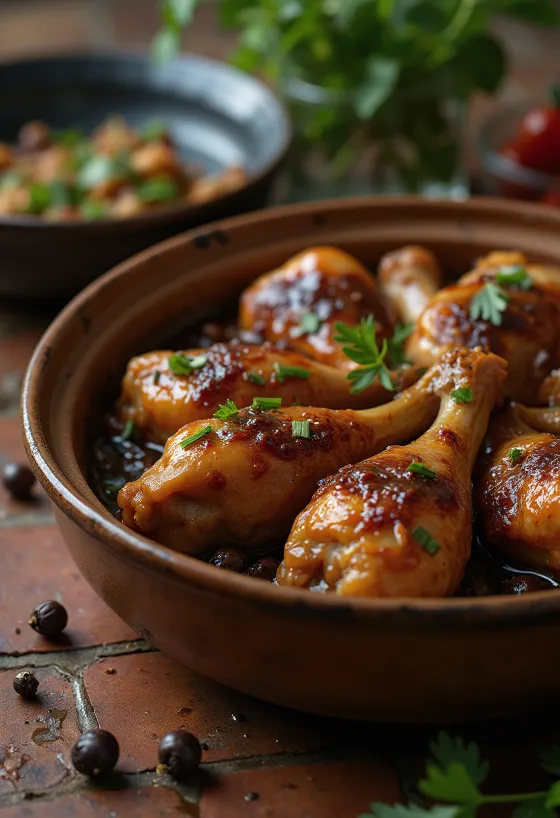 Adobo lihalla, tarjoiltuna soijakastikkeessa ja valkoviinikastikkeessa, koristeltuna tuoreella yrteillä