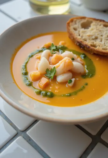 Bisque oliiviöljyllä, runsas rapukeitto kermalla ja persiljalla