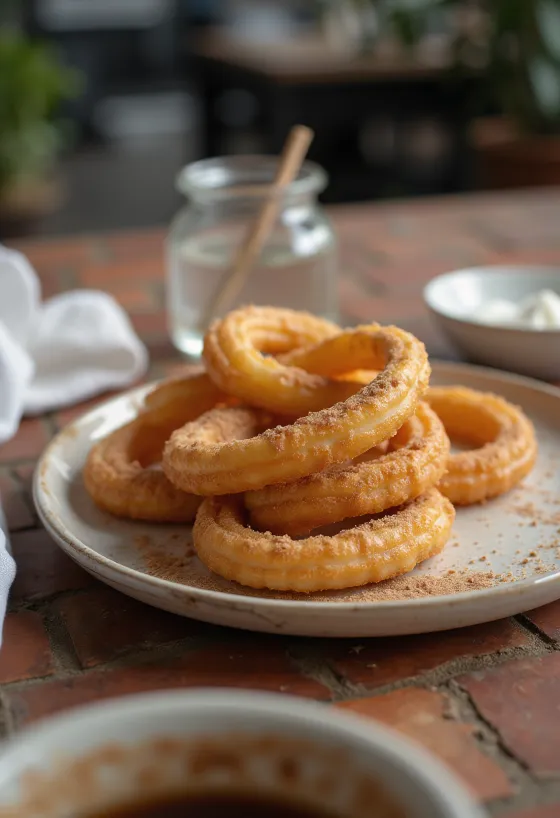 Churros kanelilla, kanelisokerilla ripoteltuna, vastapaistettuna