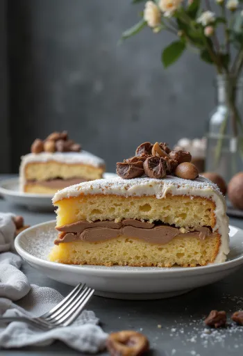 Kastanjakakku viipaleiksi leikattuna, suklaalla koristeltuna