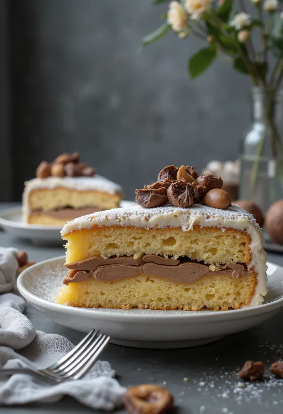 Kastanjakakku viipaleiksi leikattuna, suklaalla koristeltuna