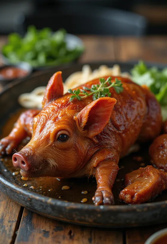 Lechon, rapeanahkainen paistettu porsas tarjoiltuna