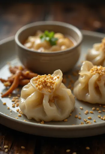 Seesaminsiemenillä täytettyjä momoja höyrytettynä, tarjoiltuna