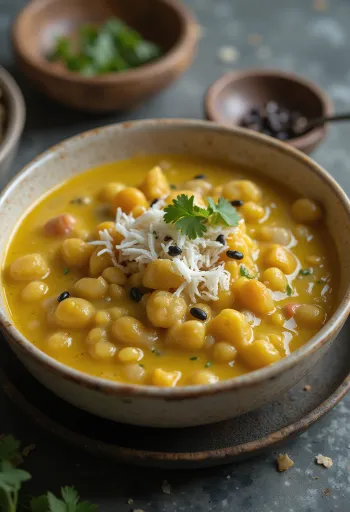 Mor Kootu, runsas linssi- ja vihannesragu kookoshiutaleilla ja tuoreella korianterilla