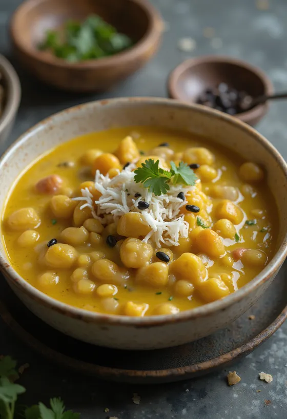 Mor Kootu, runsas linssi- ja vihannesragu kookoshiutaleilla ja tuoreella korianterilla