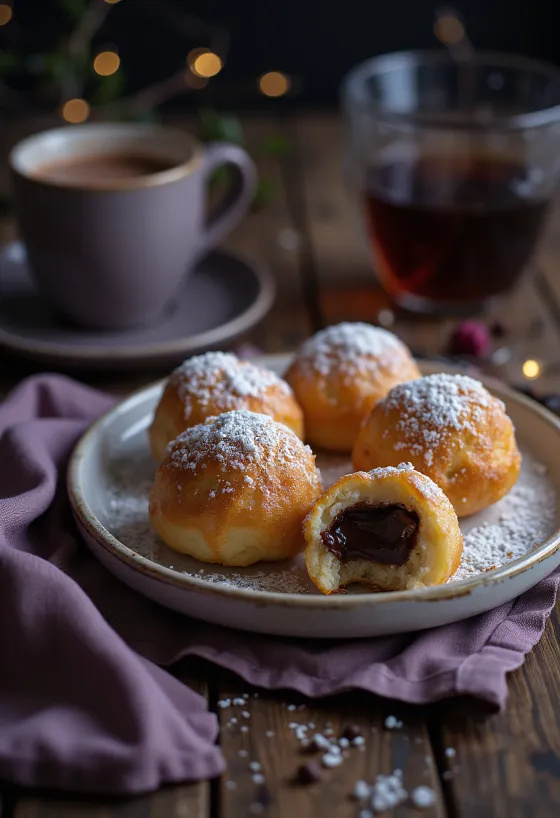 Tuoreena paistettu æbleskiver suklaatahnalla ja tomusokerilla tarjoiltuna