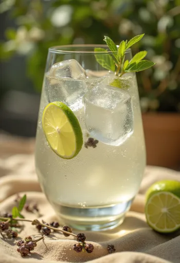 Gin Tonic limettiviipaleilla ja jääpaloilla koristeltuna