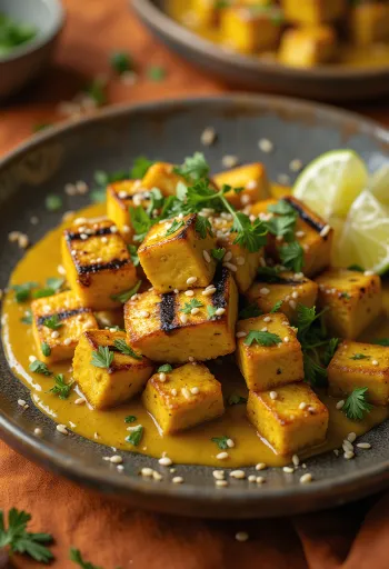 Grillattu tofu curry-tahinikastikkeella