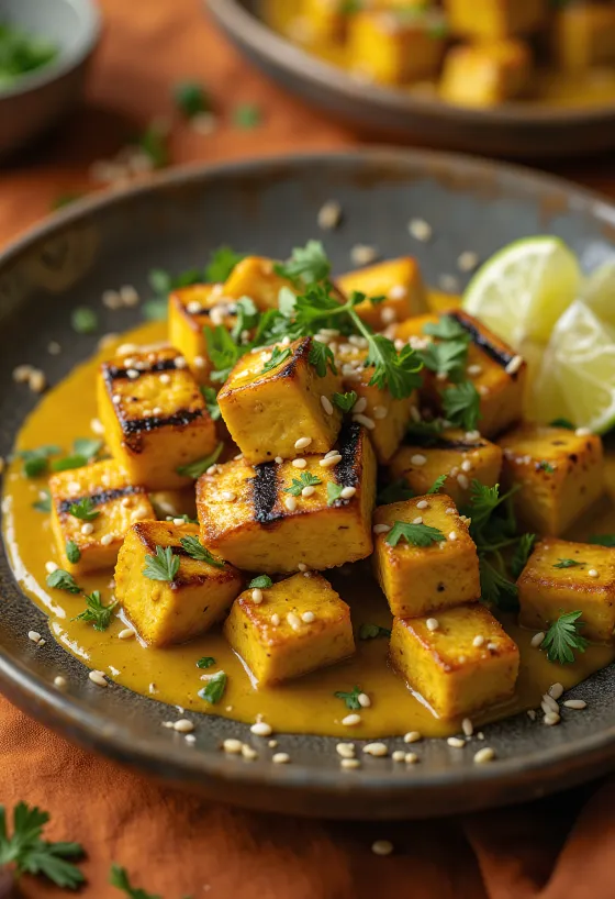 Grillattu tofu curry-tahinikastikkeella