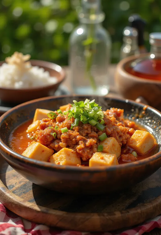 Mapo Tofu, sichuanilaista tofua jauhetulla sianlihalla ja mausteisella kastikkeella
