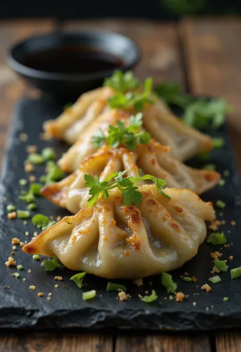Wasabi-gyoza tarjoiltuna soijakastikkeella