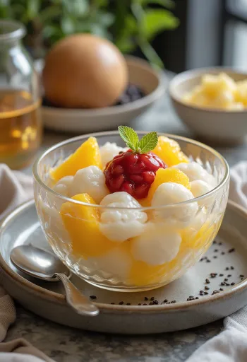 Anmitsu hedelmillä, ankolla ja shiratama dangolla, koristeltuna mustilla seesaminsiemenillä