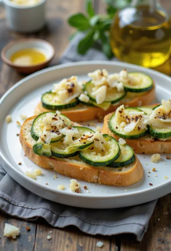 Kesäkurpitsabruschetta, parmesaanijuustolla ja basilikalla koristeltuna