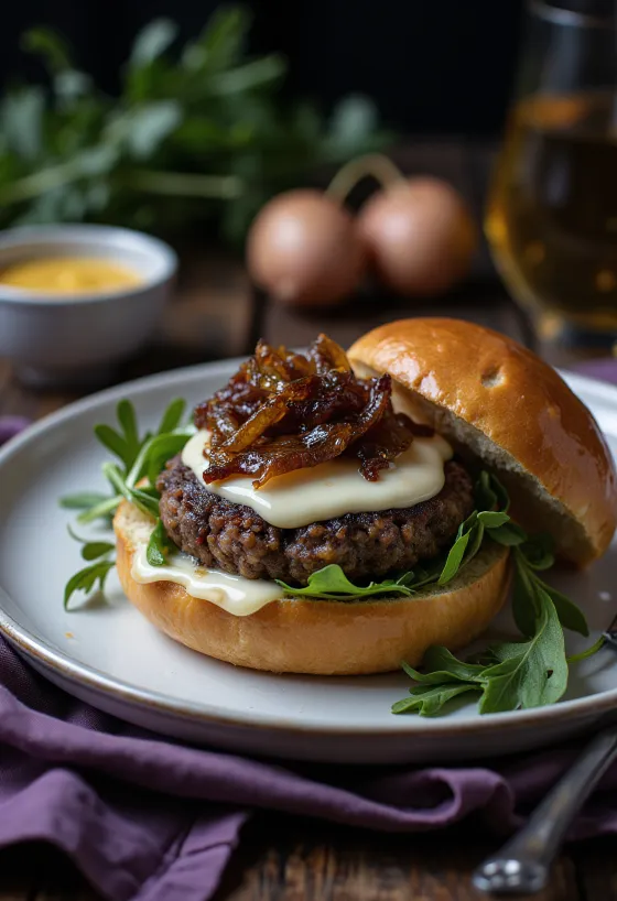 Tuore ranskalainen hampurilainen brie-juustolla ja dijon-sinapilla