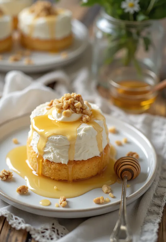 Kreikkalainen jogurttikakku tyylikkäästi tarjoiltuna