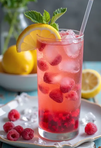 Vadelmalimonadi tuoreilla vadelmilla ja sitruunaviipaleilla