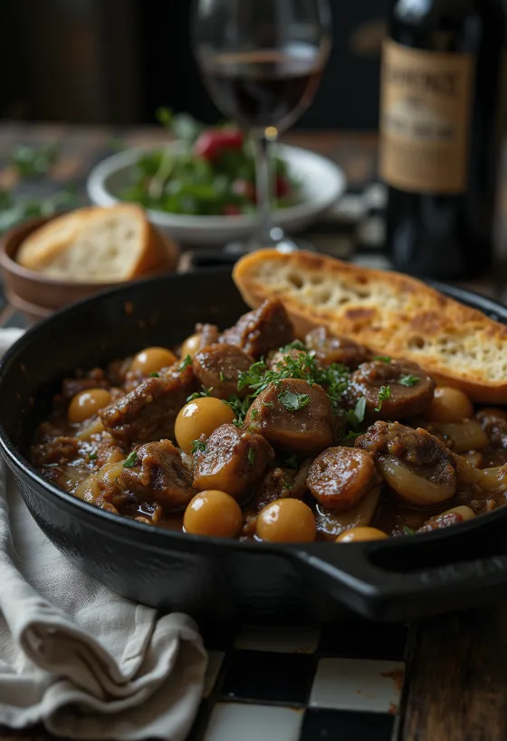 Boeuf Bourguignon, punaviinissä haudutettu lihapata höyrytetyillä vihanneksilla