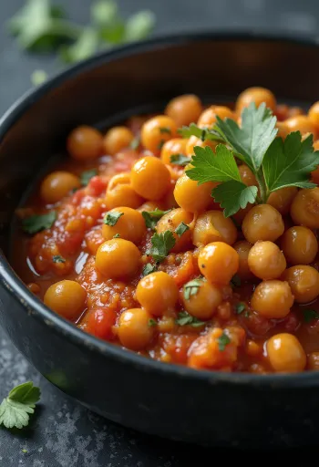 Matbucha kikherneillä ruoka, yrtillä tarjoiltuna