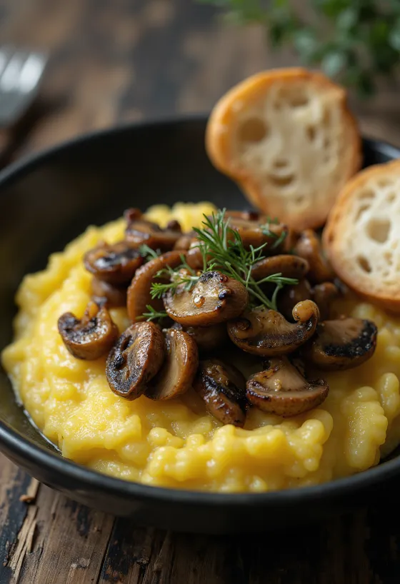 Kermainen polenta paistetuilla sienillä tarjoiltuna, rustiikkisessa keraamisessa kulhossa