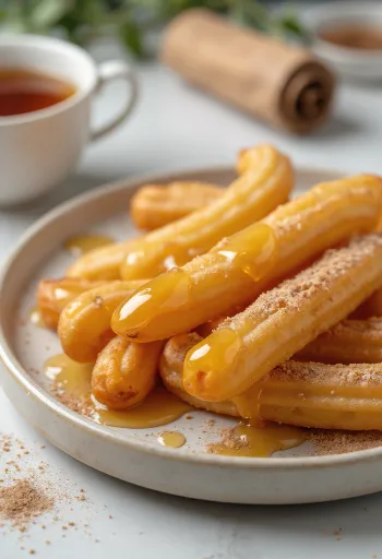 Churros hunajalla, kullanruskeat churrot hunajakastikkeella tarjoiltuna