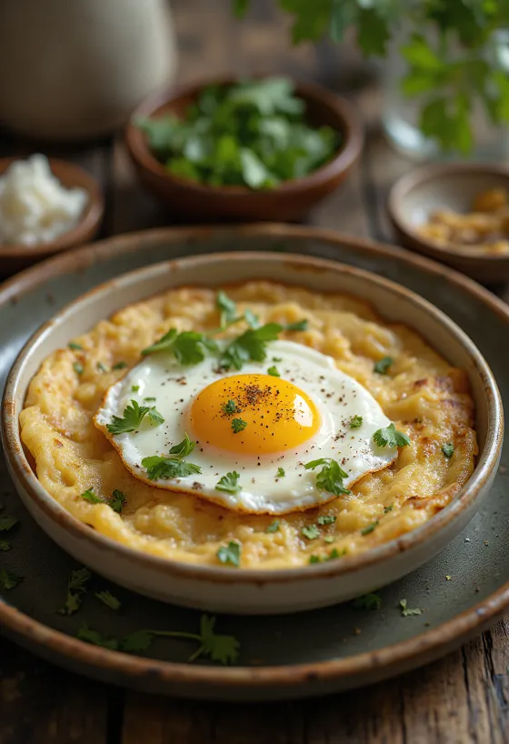 Egg appam pannulla, munalla ja korianterilla koristeltuna