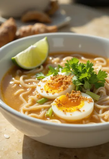 Soto Banjar kanakeitto keitetyllä kananmunalla, limettiviipaleilla ja korianterilla