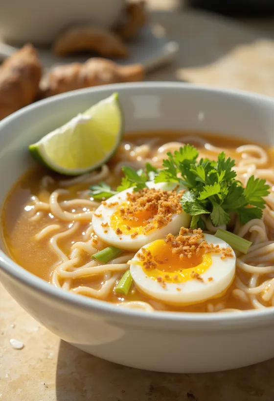 Soto Banjar kanakeitto keitetyllä kananmunalla, limettiviipaleilla ja korianterilla