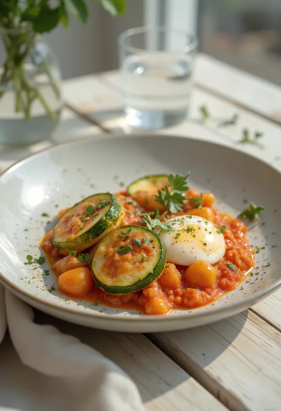 Tomaattinen Alboronía, vihanneksilla ja korianterilla koristeltuna