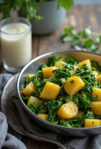 Höyryävä kulho Aloo Palak Sabzia