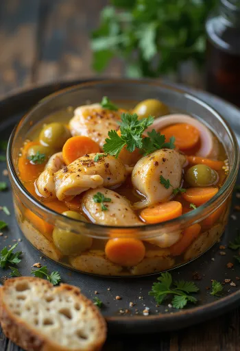 Escabeche oliiveilla, kananlihalla, porkkanalla ja mausteilla
