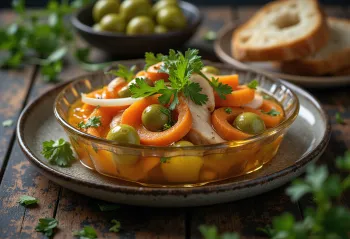 Escabeche oliiveilla, kananlihalla, porkkanalla ja mausteilla
