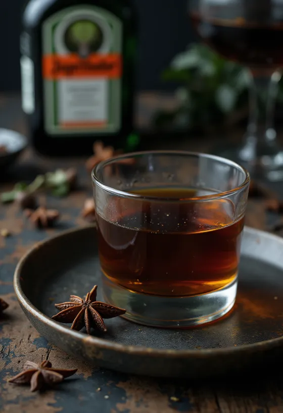 Kotitekoinen Jägermeister pullossa tarjoiltuna