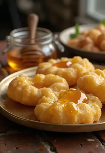 Luchi hunajalla tarjoiltuna, rapeita kullankeltaisia leipäsiä hunajalla valeltuna