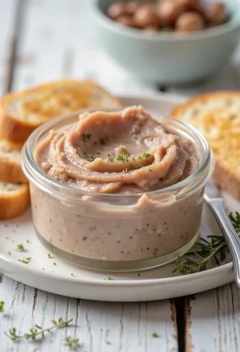 Kermainen maksapasteija levitettynä tuoreelle leivälle, yrtteillä koristeltuna.