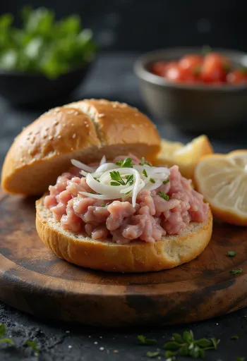 Mettbrötchen, raakaa sianlihaa sämpylällä sipulin kera