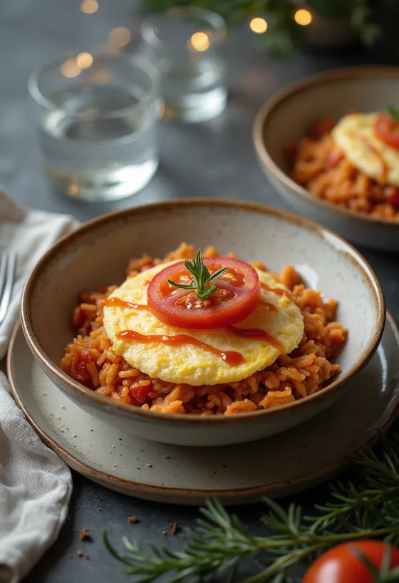 Omurice-kulho tomaatilla, maukas japanilainen ruoka tarjoiltuna