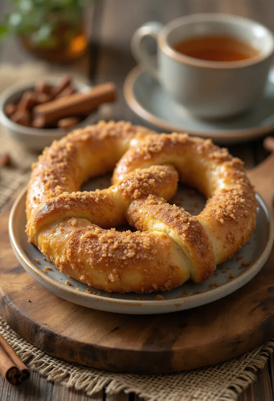Tuore, kotitekoinen kanelisokeripretzel, rapea ja kullanruskea